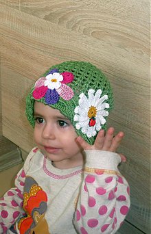 Detské čiapky - Vojensko zeleny klobucik kvetinkovy - 3821713_