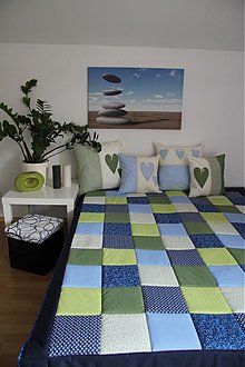 Úžitkový textil - Prehoz, vankúš patchwork vzor zeleno-modra, prehoz 140x200 cm - 3940819_