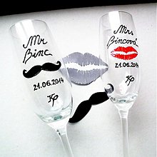 Nádoby - Maľované svadobné poháre Mr. and Mrs Right - Lips and Moustache - 4098011_