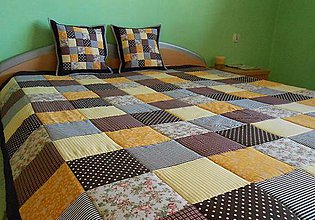 Úžitkový textil - Prehoz, vankúš patchwork vzor čokoladovo-žltá, deka 140x200 cm - 4136878_