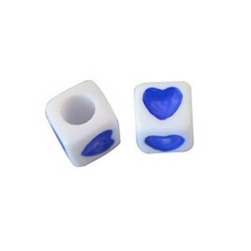  - Korálky kocky s modrými srdiečkami (balíček 10ks) - 4339602_