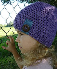 Detské čiapky - Fialová s riflovým pásikom... - 4372325_