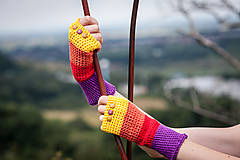 Rukavice - Bavlnené fialovo oranžovo žlté rukavice - 4418686_