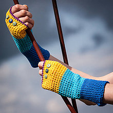 Rukavice - Bavlnené fialovo žlto modré rukavice - 4425634_