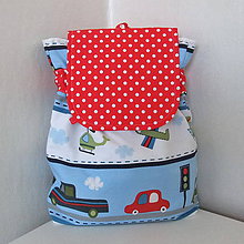 Detské tašky - Batôžtek dopravný s červeno-bielou bodkovanou klopou - 4602371_