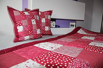 Úžitkový textil - Prehoz, vankúš patchwork vzor červeno-šedá, veľka deka 240 x 200 cm - 4857957_