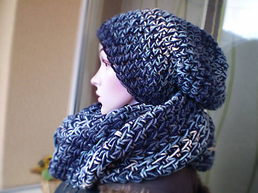 Čiapky, čelenky, klobúky - BLUE WINTER...háčkovaný set - 4949997_