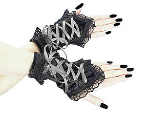 Rukavice - Bezprsté zamatové rukavičky s korzetovým šnurovaním 002 - 5517763_