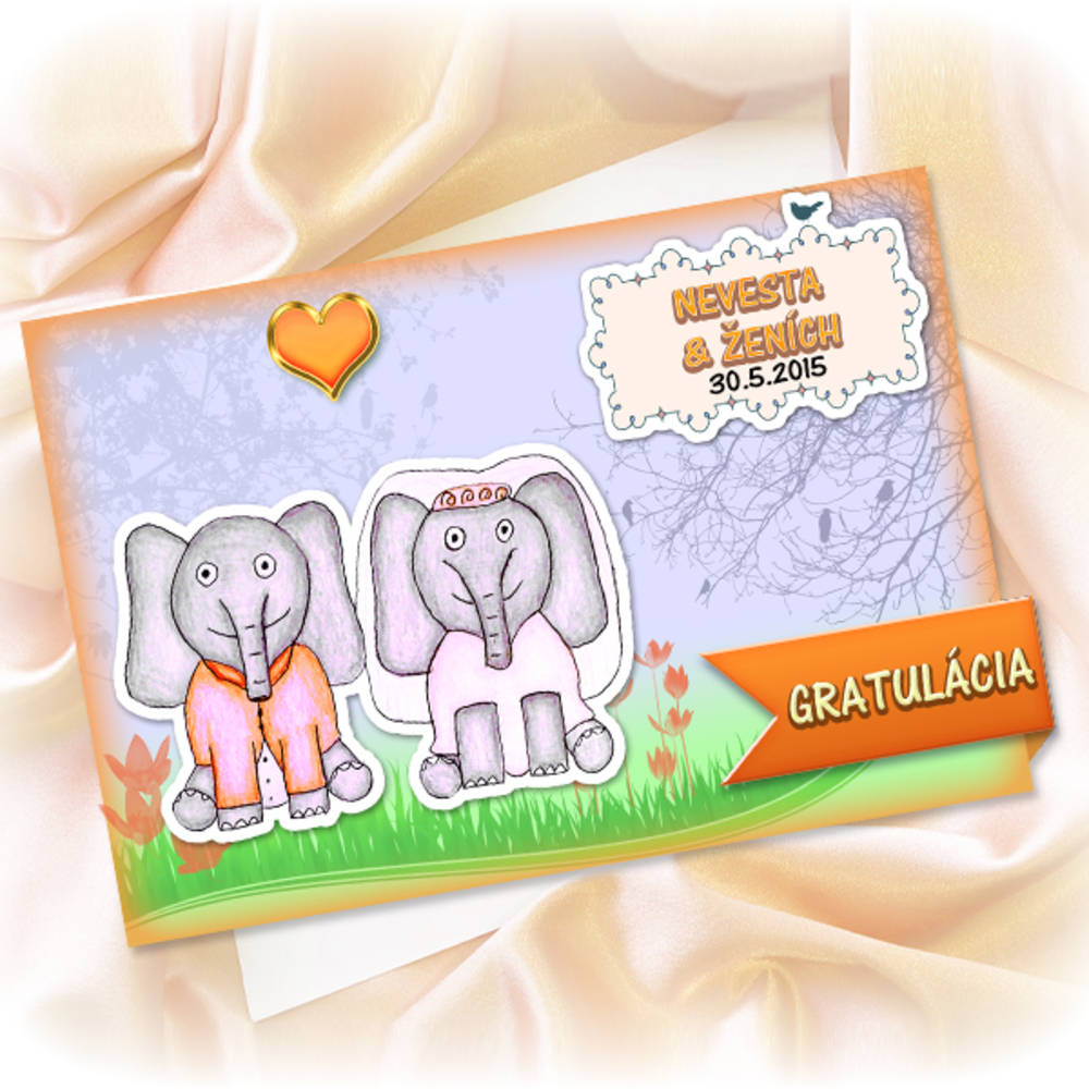 Zvieracia svadba - grafická pohľadnica (sloníky)