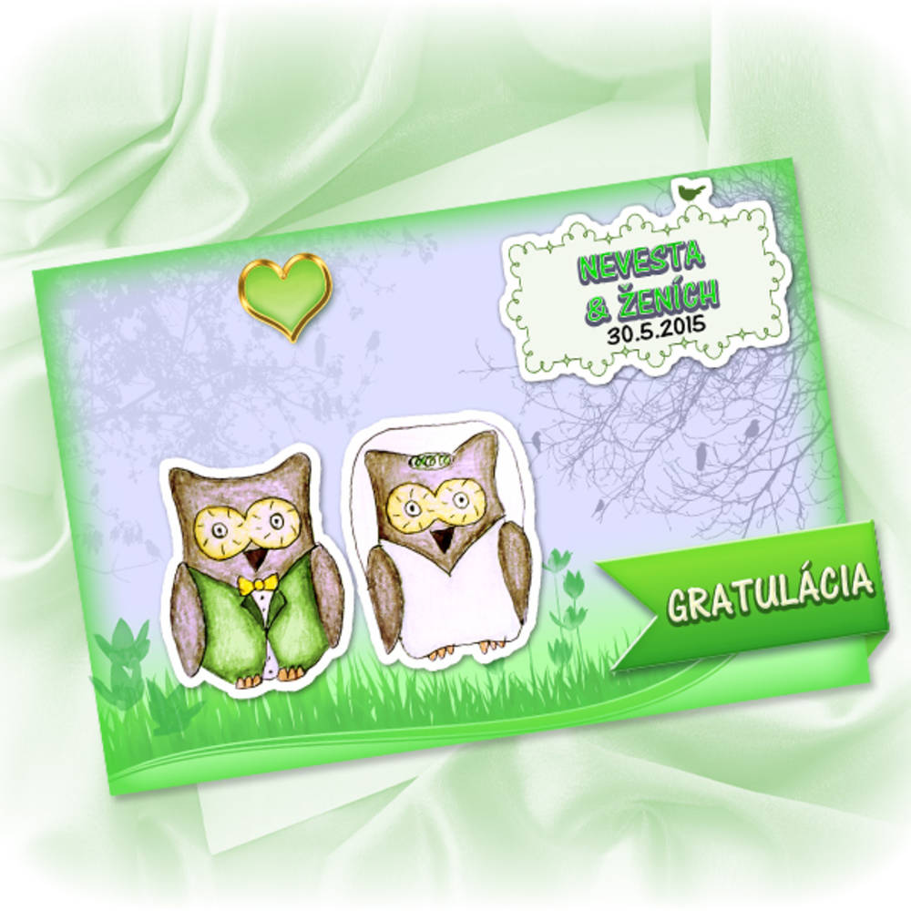 Zvieracia svadba - grafická pohľadnica (sovičky)