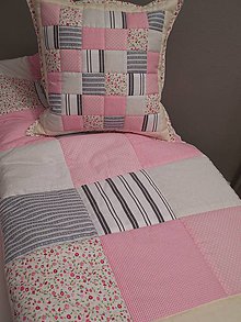 Úžitkový textil - Prehoz, vankúš patchwork vzor šedo smotanovo ružová ( rôzne varianty veľkostí ) - 5573806_