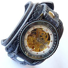 Náramky - Kožené hodinky čierne, steampunk hodinky - 5632441_