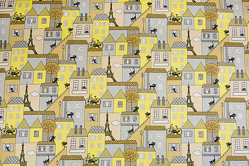 Textil - Bavlnená látka domy žlto hnedé - 5640372_