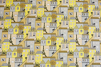 Textil - Bavlnená látka domy žlto hnedé - 5640372_