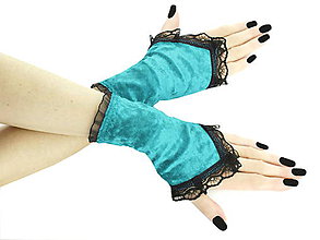Rukavice - Zamatové rukavičky tyrkysové s čipkou 07A - 5652551_