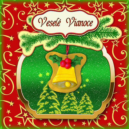 Golden vianočná pohľadnica s ozdobou (zvonček)