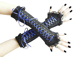Rukavice - Čierno modré gotické korzetové rukavice 0260A - 5706851_