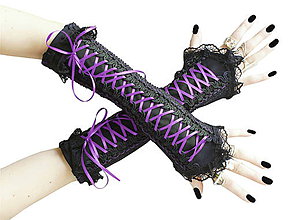 Rukavice - Čierno fialové gotické korzetové rukavice 0260A - 5706880_