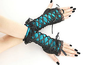 Rukavice - Gothic rukavice so šnurovaním čierno tyrkysové 0655 - 5742727_