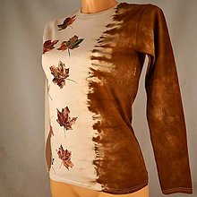 Topy, tričká, tielka - Béžovo-hnědé batikované dámské triko s listy S 6642476 - 5806089_