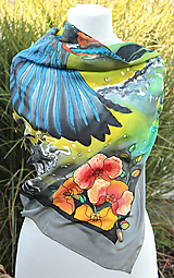 Ručne maľovaná hodvábna šatka - Rybárik z hodvábu