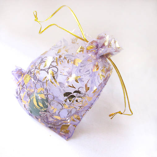 Obalový materiál - Organzové vrecúško 10x12cm s potlačou (Zlaté kvety-svetlé fialové) - 6023023_