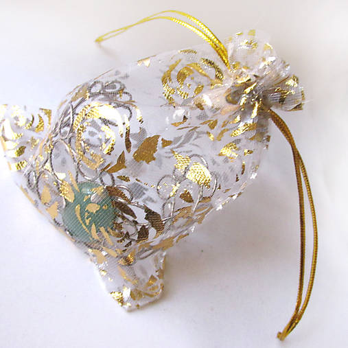 Obalový materiál - Organzové vrecúško 10x12cm s potlačou (Zlaté kvety/biele) - 6023041_