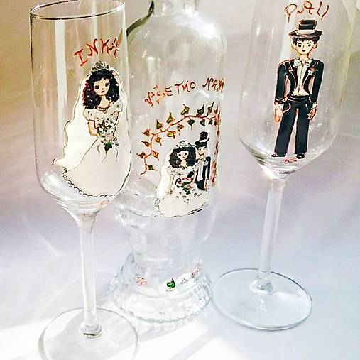 Ručne maľovaný svadobný set (poháre a fľaša) na želanie