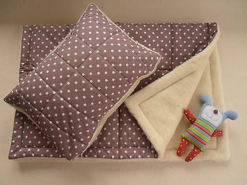 Detský textil - Ovčie rúno Merino súprava do postieľky prikrývka 100x140 cm s Vankúšom 40 x60 cm Hviezdička hnedá - 6110892_