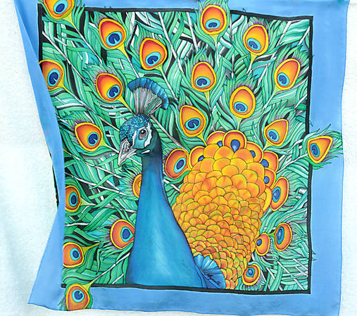 Ručne maľovaná hodvábna šatka s motívom páva - Páví kráľ
