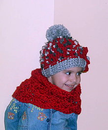 Detské čiapky - Cerveno- siva hruba ciapka s makovicou- SKLADOM - 6177319_