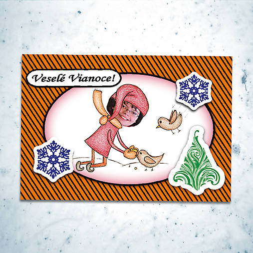 Vianočná pohľadnica s vlastnou fotkou pásiky (kŕmenie vtáčikov)