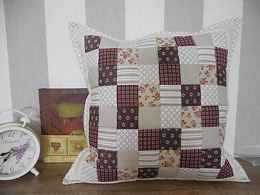 Úžitkový textil - Prehoz, vankúš patchwork vzor béžovo - hnedý, vintage vankúš rôzne varianty - 6211576_