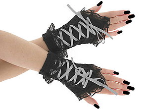Rukavice - Bezprsté čierno šedé gothic rukavičky 07T - 6216035_