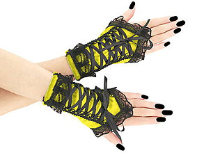 Rukavice - Zamatové žlté rukavice s korzetovým viazaním a čiernou čipkou 07C - 6218589_
