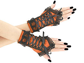 Rukavice - Zamatové oranžové rukavice s korzetovým viazaním a čiernou čipkou 07D - 6218593_