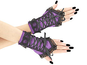 Rukavice - Zamatové fialové rukavice s korzetovým viazaním a čiernou čipkou 07E - 6218624_
