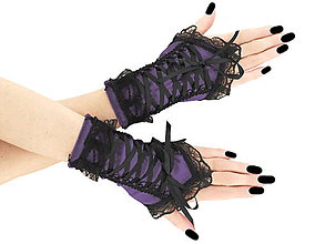Rukavice - Zamatové fialové rukavice s korzetovým viazaním a čiernou čipkou 07H - 6218695_