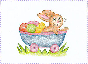 Kresby - Veľkonočný zajačik, kresba ako pohľadnica (v káričke) - 6312624_