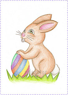 Kresby - Veľkonočný zajačik, kresba ako pohľadnica (pruhované vajíčko) - 6312630_