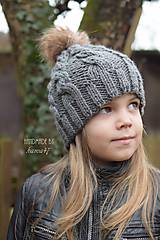 Detské čiapky - Zimná pletená ... "sivá s hnedým brmbolcom" - 6354055_