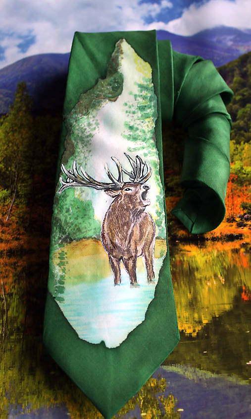 Ručne maľovaná hodvábna kravata - Pre poľovníka s motívom jeleňa