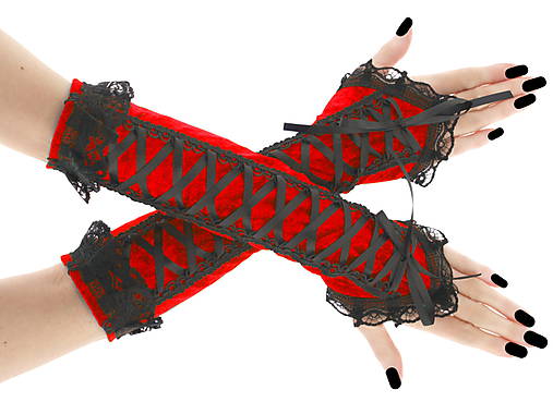 Dámské zamatové červené rukavice s korzetovým šnurovaním 01605