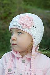Detské čiapky - Prechodná ušianka ... "biela s ružovým kvietkom" - 6679538_