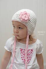 Detské čiapky - Prechodná ušianka ... "biela s ružovým kvietkom" - 6679539_