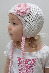 Detské čiapky - Prechodná ušianka ... "biela s ružovým kvietkom" - 6679540_