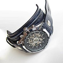 Náramky - Modrý kožený remienok s mechanickými hodinkami, unisex hodinky - 6677291_