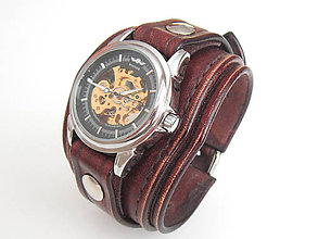 Náramky - Hnedý kožený remienok s mechaniskými hodinkami winner - 6692985_