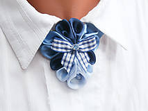 Náhrdelníky - Elegancia a la Chanel - modrý náhrdelník s károvanou mašľou - 6735739_