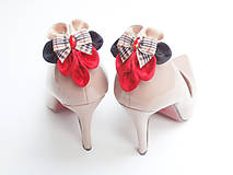 Elegancia a la Chanel - červenočierne klipy na topánky s károvanou mašľou
